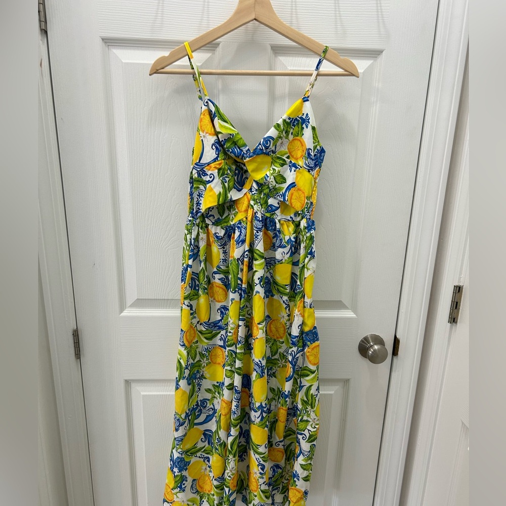SHEIN Yellow Lemon Print Maxi Dress with Blue & Green Accents